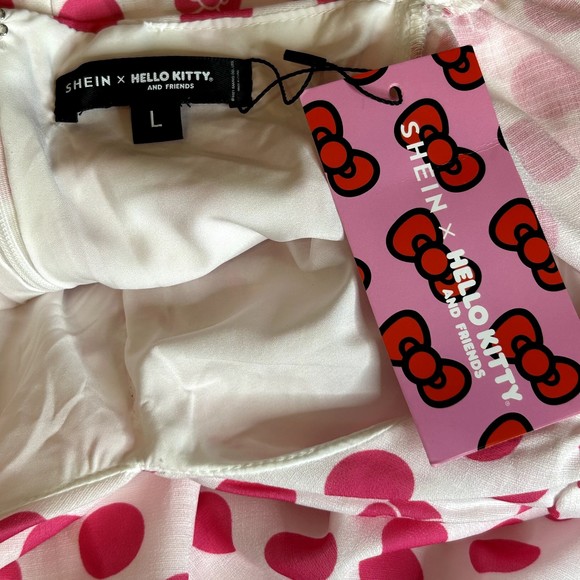 New SHEIN x Hello Kitty & Friends Puff Sleeve Ruched Bust Polka Dot Dress Large - Picture 4 of 9